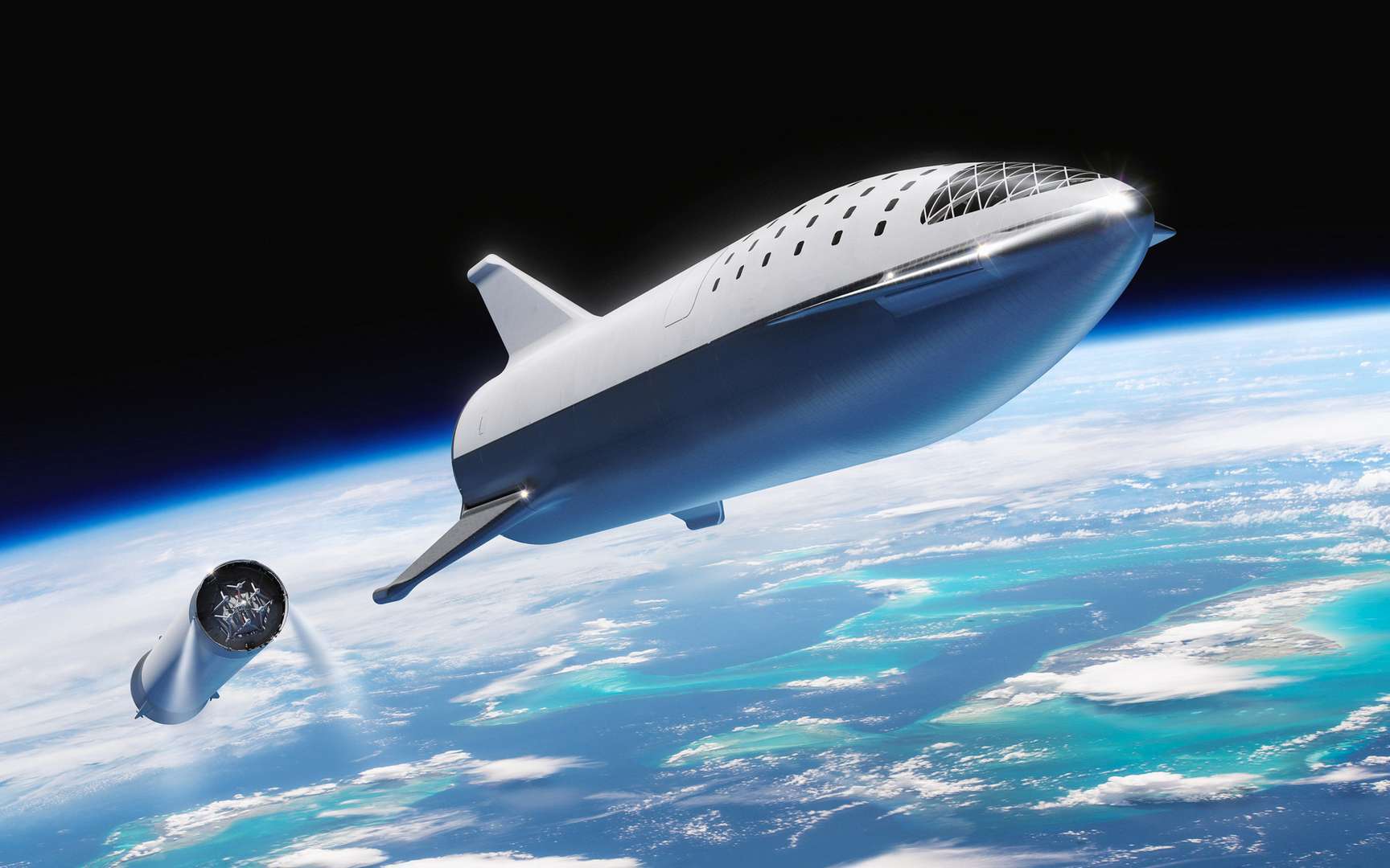Vue d'artiste du vaisseau Starship développé par SpaceX. Le Starhopper, prototype achevé en janvier 2019, a réussi avec brio son premier « saut » pour tester tous les systèmes du futur Starship. © SpaceX