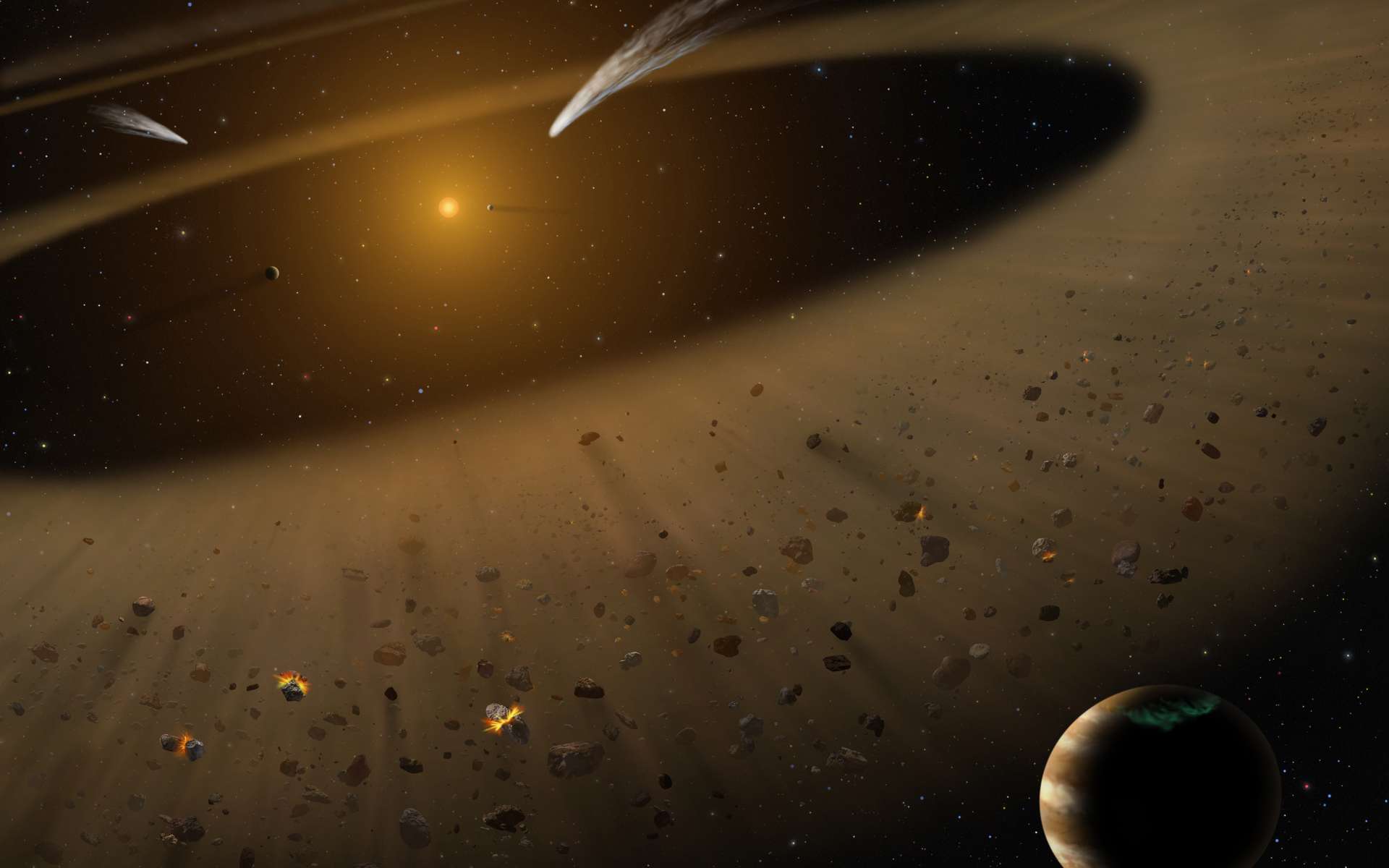 Sur cette illustration du système d’Epsilon Eridani (aka Ran), on peut voir la planète jovienne Epsilon Eridani b, baptisée en 2015, AEgir, en bordure d’un anneau de débris rappelant la ceinture d’astéroïdes (entre Mars et Jupiter) dans notre Système solaire. © Nasa, Sofia, Lynette Cook