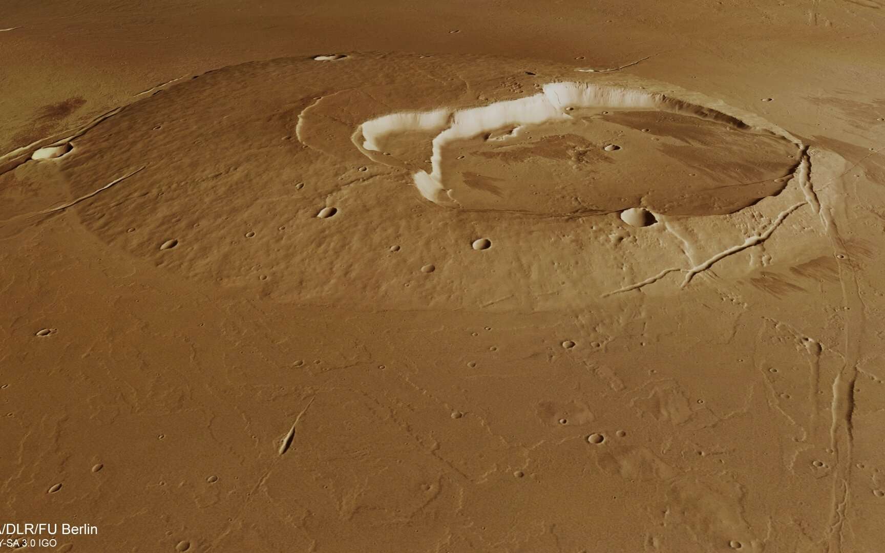 Le volcan martien Jovis Tholus, émergeant d'une ancienne mer de lave. © ESA, DLRF, U Berlin, CC by-sa 3.0 igo
