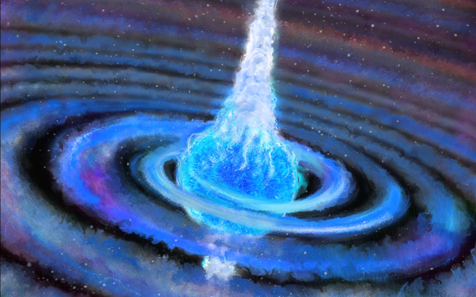 Cette illustration montre une étoile massive qui est sur le point d'exploser. L'explosion sera déclenchée après que son compagnon, une étoile morte (un trou noir ou une étoile à neutrons) ait plongé dans le noyau de l'étoile. En entrant dans les couches de l'étoile, l'astre compact effectue une orbite en spirale éjectant également une spirale de matière de l'atmosphère de l'étoile pendant quelques siècles. Lorsqu'il a atteint le noyau de l'étoile, la matière du noyau tombe rapidement sur le cadavre stellaire, ce qui conduit au lancement d'une paire de jets presque à la vitesse de la lumière. © Chuck Carter
