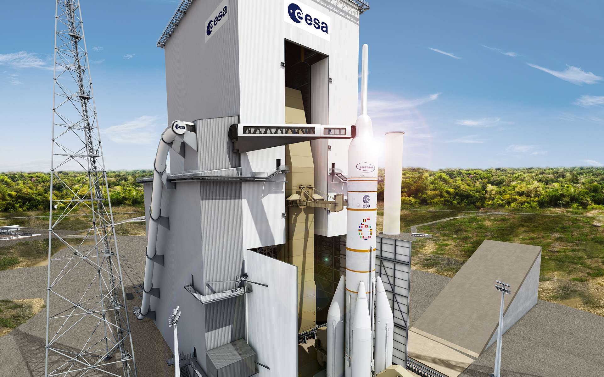 Étude d'une Ariane 6, dans sa version habitée, avec à son bord une capsule de transport d'équipage. Notez, à gauche de l'image, le toboggan d'évacuation d'urgence. © Cnes