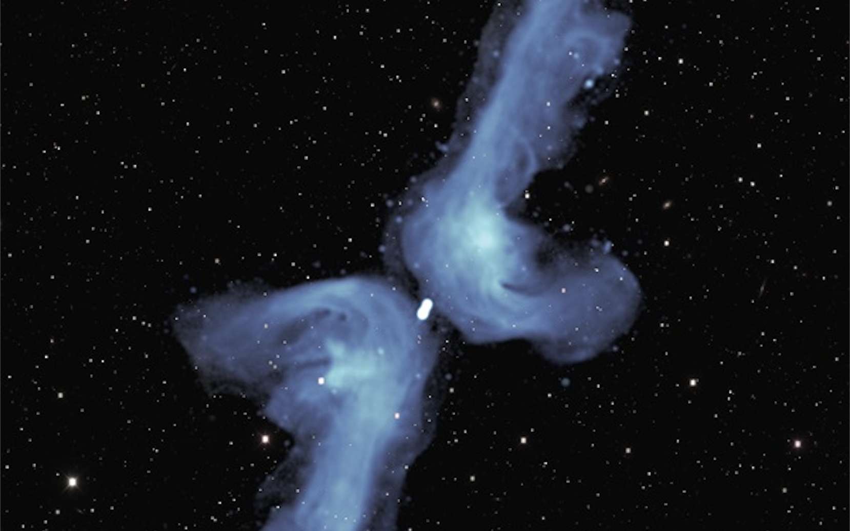 L'étrange galaxie PKS 2014-55 en forme de boomerang a des jets radio qui semblent courbes, plutôt que droits. © NRAO/AUI/NSF, Sarao, DES