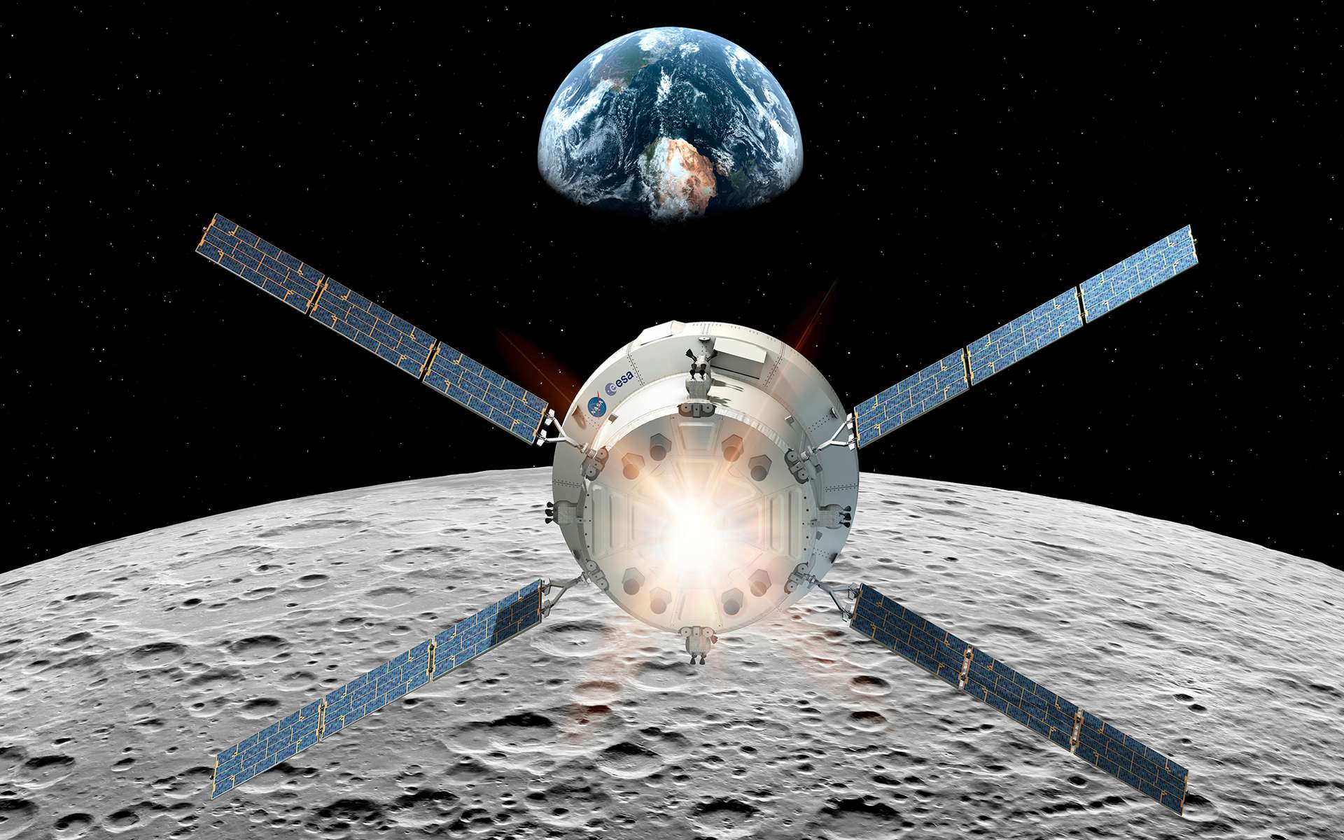 Le véhicule Orion de la Nasa et son module de service fourni par l'Agence spatiale européenne. Ce module a pour fonction de propulser la capsule Orion, d'assurer son contrôle thermique et de lui fournir la puissance électrique nécessaire à son bon fonctionnement, en plus de stocker les réserves d'eau, d'oxygène et d'azote. © ESA, D. Ducros