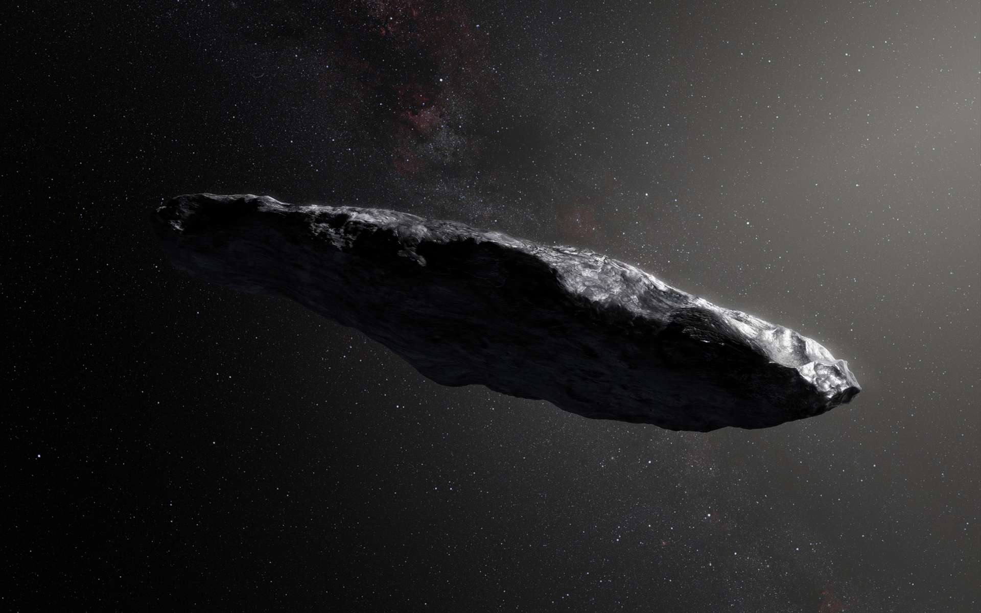 1I/2017 U1 (`Oumuamua) est le premier objet interstellaire découvert par l'humanité. Il a été observé pour la première fois (et donc découvert) le 18 octobre 2017 lors de sondages réalisés par les télescopes PanStarrs 1, installés sur l'Haleakala, à Hawaï. L'équipe du projet Lyra étudie les possibilités d'y envoyer une sonde. © M. Kornmesser, ESO