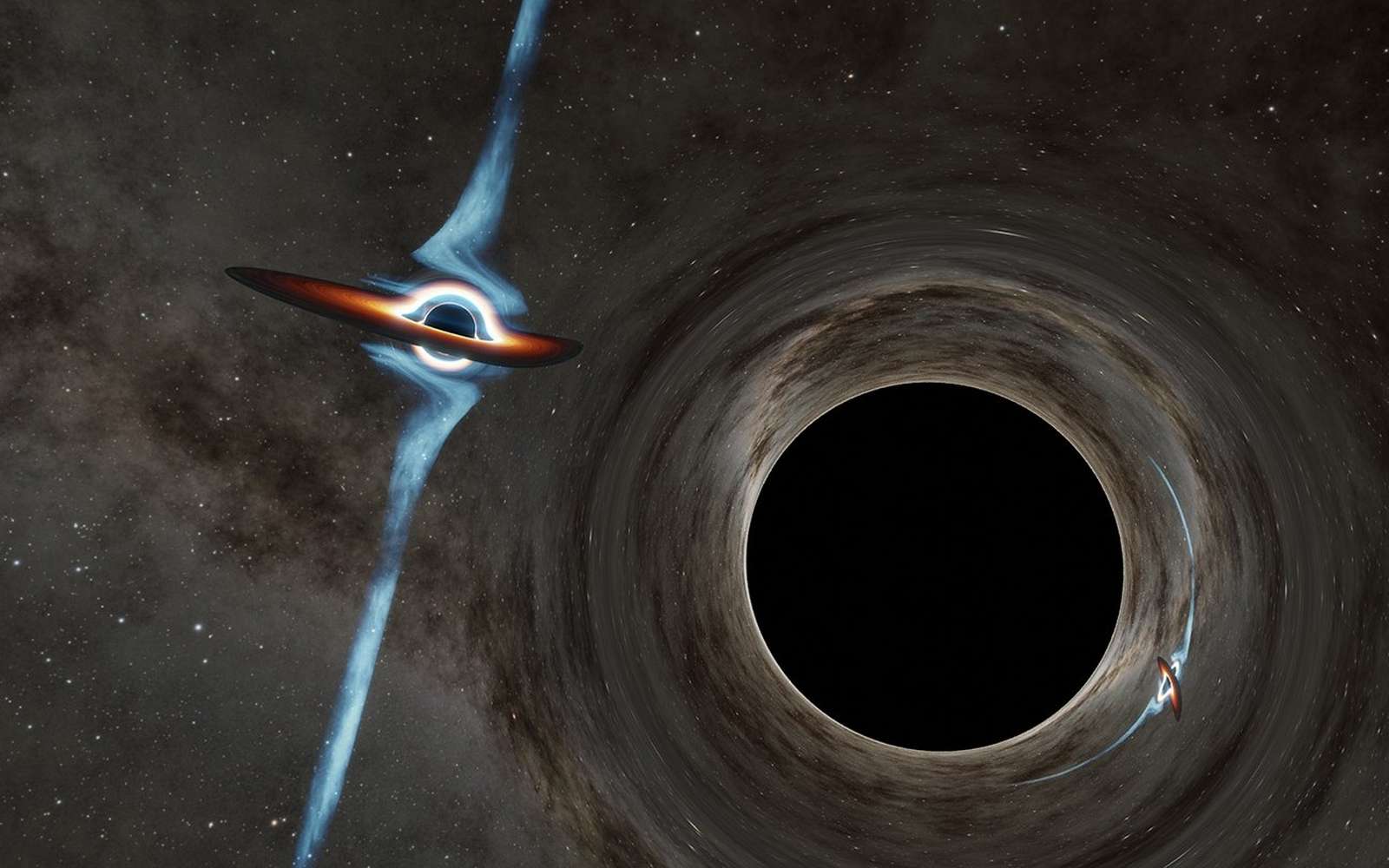 Dans cette illustration, la lumière d'un trou noir plus petit (à gauche) se courbe autour d'un trou noir plus grand et forme une image presque miroir de l'autre côté. La gravité d'un trou noir peut déformer le tissu de l'espace lui-même, de sorte que la lumière passant à proximité du trou noir suivra une trajectoire courbe autour de lui. © Caltech, R. Hurt (IPAC)