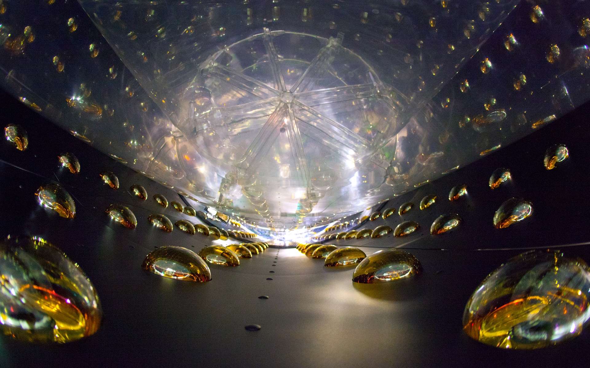 Une vue de l'intérieur de l'un des détecteurs de neutrinos de la Daya Bay Reactor Neutrino Experiment. © Roy Kaltschmidt, Lawrence Berkeley National Laboratory