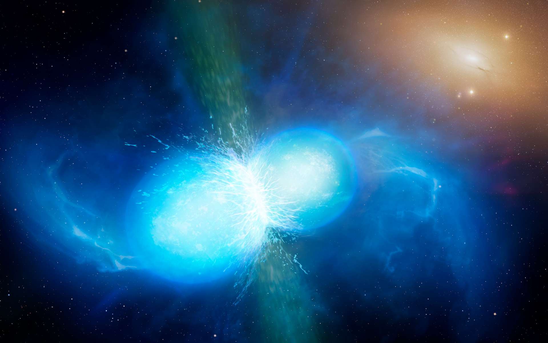 Impression d'artiste de la collision entre deux étoiles à neutrons. © University of Warwick, Mark Garlick