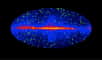 Vue du ciel observé par le télescope spatial Fermi. Elle montre les emplacements de 150 blazars (points verts) détectés par ce dernier, avec la plan de la Voie lactée au milieu. © Nasa, DOE, Fermi LAT Collaboration