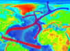 Le Gulf Stream est un courant océanique transportant de l’eau chaude depuis une zone comprise entre la Floride et les Bahamas (température comprise entre 24 et 28 °C) et en direction des plus hautes latitudes. De nombreux tourbillons océaniques s'en détachent en cours de route. © RedAndr, Wikimedia Commons, cc by sa 3.0