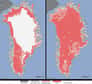 La réflexivité des glaces de l'inlandsis du Groenland baisse depuis 2000. Plus sombres, ces glaces absorbent davantage de chaleur solaire. Une affaire de taille de cristaux de neige... Cette baisse de de l’albédo rend les glaciers plus sensibles à des vagues de chaleurs, augmentant la probabilité d'un dégel estival quasi complet de leur surface, ce qui a été constaté en juillet dernier.