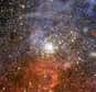 Le New Technology Telescope (NTT) de l’ESO a pris une magnifique image de l’amas ouvert NGC 2100. Cet amas d’étoiles brillant est âgé d’environ 15 millions d’années et se trouve dans le Grand Nuage de Magellan, une galaxie proche. Cet amas est entouré par du gaz brillant de la nébuleuse de la Tarentule située à proximité.