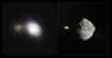 À gauche, image la plus détaillée de l'astéroïde 1999 KW4, qui possède sa propre lune, prise par l'instrument Sphere équipant le Very Large Telescope (VLT), à son passage au plus près de la Terre le 25 mai 2019. À droite, vue d'artiste de l'astéroïde et de son petit compagnon. © ESO