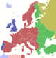Répartition des heures légales en Europe. En rouge, les pays adoptant l’heure CET en hiver. En bleu, les pays utilisant l’heure TU. En jaune, les pays en TU + 2, ou EET Eastern Europe Time. En vert pomme, l’ouest de la Russie et son « heure de Moscou », ou MSK (TU + 3). © maix¿?/Licence Creative Commons