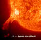 Une éruption solaire avec la taille de la Terre en comparaison. L'événement de Carrington fut la plus grande tempête solaire connue. © Nasa