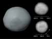 A gauche, une image de synthèse de la surface de Pallas réalisée à partir des images prises par Hubble et que l'on voit à droite. Le cercle indique la localisation de la dépression constituant peut-être les restes d'un cratère d'impact ancien. Crédit : Science