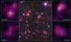 Une combinaison d'images prises par Hubble et depuis le sol montrant un superamas constitué de plusieurs amas galactiques faisant partie du catalogue d'Abell. En magenta, on a représenté la distribution de matière noire des amas, déduite de l'effet de lentille gravitationnelle faible qu'elle provoque. © Nasa, Esa, ESO