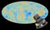 Une des cartes du rayonnement fossile de Planck. Les fluctuations de température, de l'ordre du millionième, ont été représentées en fausses couleurs. Enbas à droite, une vue d'artiste de Planck).© Esa
