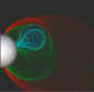Simulation numérique d’une éjection de masse coronale. Les lignes colorées tracent le champ magnétique.