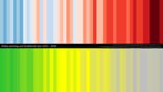 L'évolution du réchauffement climatique pour les bandes du haut (warming stripes) et la perte de la biodiversité en bas, entre 1970 et 2018. © Miles Richardson (findingnature.org.uk)