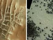 Des sondes de l'ESA ont repéré sur Mars d'étranges « araignées noires ». © ESA_DLR_FU Berlin (à gauche) ; ESA_TGO_CaSSIS (à droite)