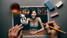 Une photo d'une jeune femme souriante a été altérée par un dessinateur pour donner l'impression qu'elle tient une arme (crayonnée sur la photo). © Dall.E