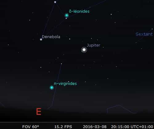 Le 8 mars 2016, Jupiter sera en opposition. Pour un Terrien, la géante sera donc à l'exact opposé du Soleil. Quand il se couchera, elle apparaîtra de l'autre côté du ciel. Et lorsqu'au matin, elle se fondera dans l'horizon ouest, lui, à l'est, éclairera déjà la nuit. © DR