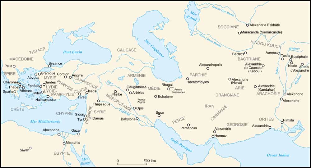 Carte représentant les limites de l'empire conquis par Alexandre le Grand. © historicair, Wikimedia Commons, cc by sa 3.0