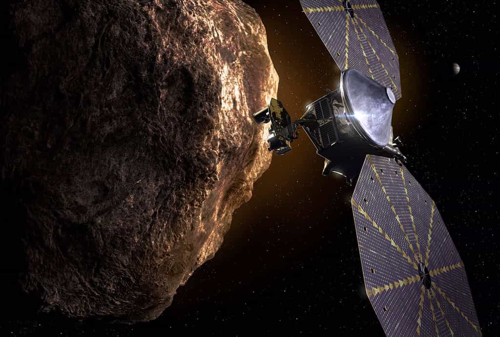 Représentation de la sonde Lucy à proximité d'un astéroïde troyen. © Nasa, Southwest Research Institute