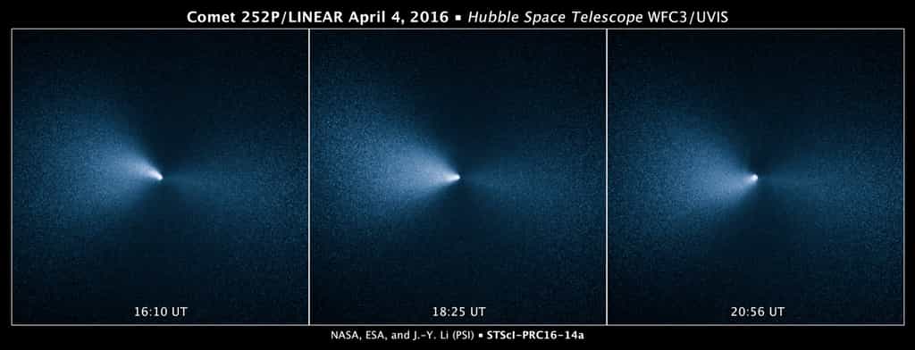 La comète 252P/Linear photographiée par Hubble le 4 avril à trois moments différents. © Nasa, Esa, J.-Y. Li (Planetary Science Institute)