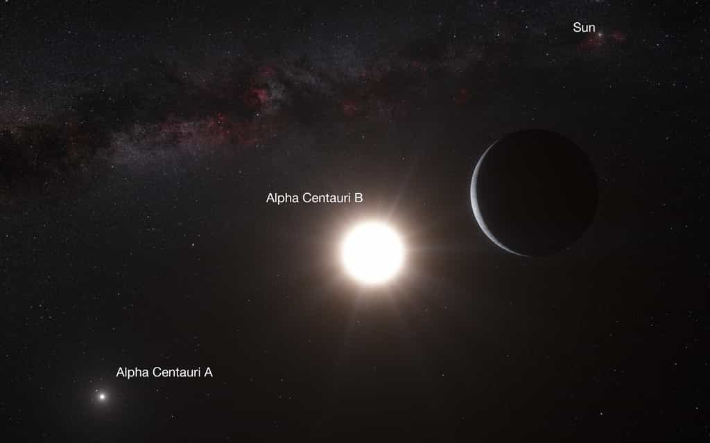 L'hypothétique exoplanète Alpha Centauri Bb. L’étoile qui brille en bas à gauche est Alpha du Centaure A. L’objet le plus brillant en haut à droite est le Soleil, distant de 4,3 années-lumière. © L. Calçada, Nick Risinger, ESO