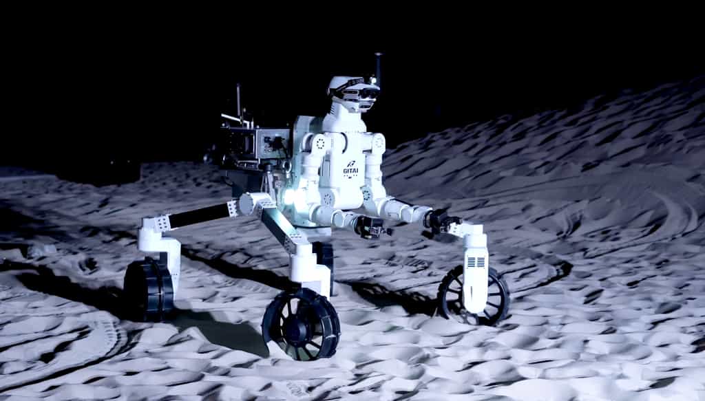 Le rover R1, conçu par la firme robotique Gitai, transite sur un faux terrain lunaire reproduit par la Jaxa. © Gitai, Jaxa