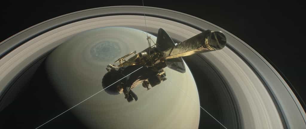 Représentation de la sonde Cassini survolant Saturne. © Nasa, JPL-Caltech