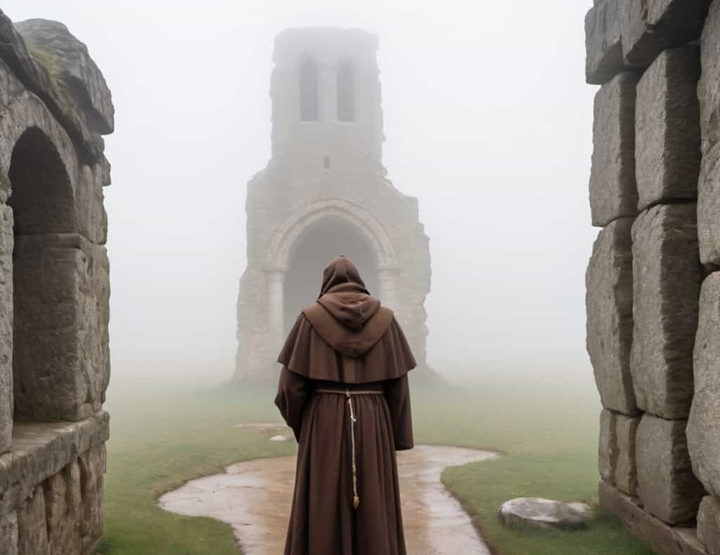 Image générée par intelligence artificielle d’un moine explorant des ruines médiévales. © OpenArt.ai