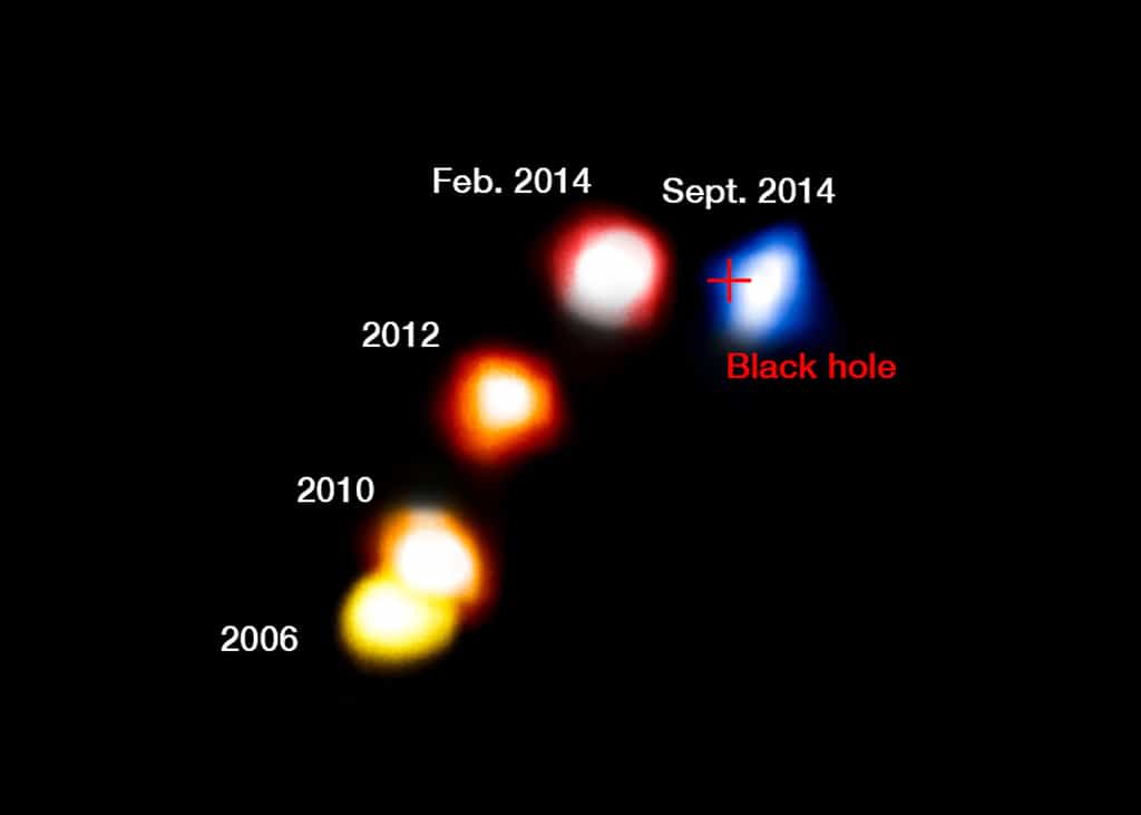 Le nuage poussiéreux G2 s'est approché puis éloigné du trou noir supermassif situé au centre de la Voie Lactée. Il a survécu sans encombre. © A. Eckart, ESO