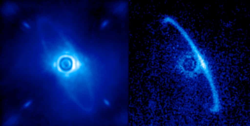 L'instrument GPI a été utilisé pour observer un disque de poussières en orbite autour de la jeune étoile HR 4796 A. Après un premier traitement de l'image, on voit à gauche à la fois un anneau de poussières et la lumière résiduelle de l'étoile centrale diffusée par la turbulence dans l'atmosphère de la Terre. Après traitement de cette image pour ne retenir que la partie polarisée de la lumière (à droite), la présence de l'anneau est beaucoup plus évidente. On pense qu'il est constitué de débris laissés par les collisions entre comètes et astéroïdes lors de la formation des planètes. Il se pourrait que les bords nets de cet anneau trahissent la présence d'une exoplanète. © Marshall Perrin, Space Telescope Science Institute, DOE, Lawrence Livermore National Laboratory