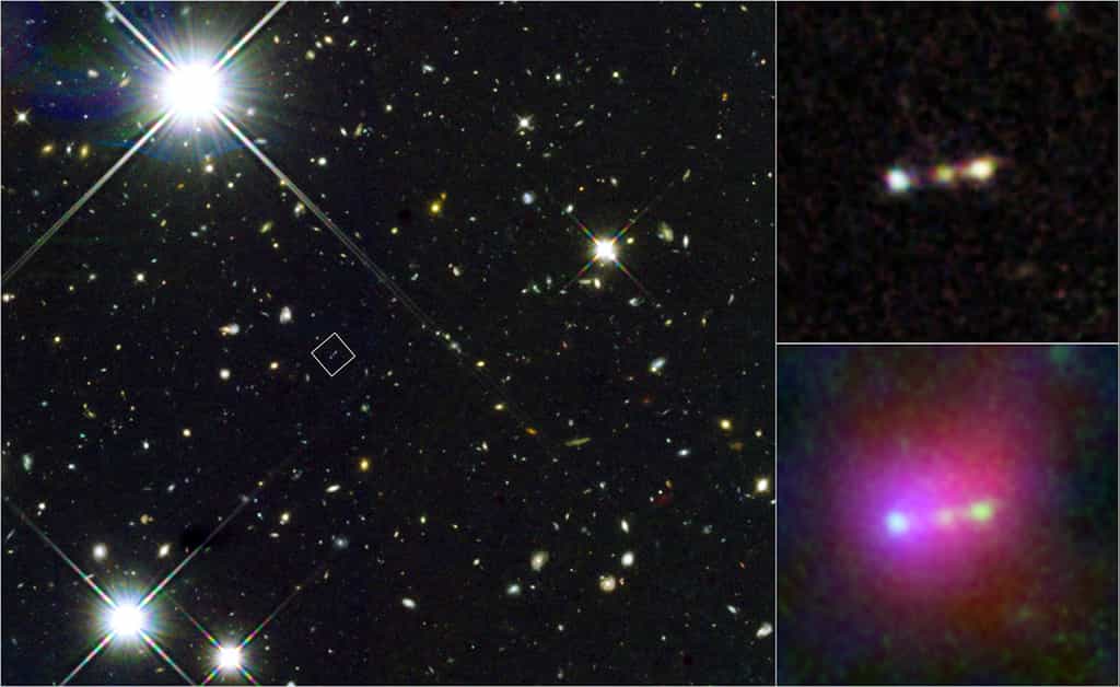 Cet assemblage de photos montre à gauche un champ d’observation pris par le télescope Hubble. On a indiqué dans un carré la position d’une bulle géante de gaz primordial baptisée Himiko. En haut à droite, les images prises par Hubble montrent que Himiko contient trois petites galaxies en interaction. L’image en bas à droite est une combinaison d’observations réalisées dans l’infrarouge à l’aide des télescopes Hubble, Subaru et Spitzer. Les mesures de Hubble sont en vert, tandis que celles de Subaru et Spitzer sont respectivement en bleu et en rouge. © Nasa, Esa, Eso, NRAO, NAOJ, JAO