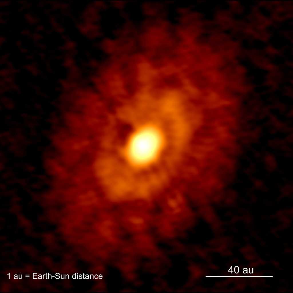 L'image prise par Alma des jeunes anneaux de poussière, berceaux de planètes en formation, entourant la protoétoile IRS 63, âgée de moins de 500.000 ans. © MPE, D. Segura-Cox