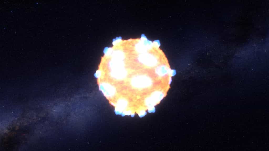 Le buzz du mois : l'onde de choc d'une supernova observée pour la première fois. Illustration du flash lumineux produit lorsque l’onde de choc qui traverse la supergéante rouge après l’effondrement de son cœur atteint la surface et la déchire. Dans le cas de KSN 2011d, 500 fois plus grosse que le Soleil, elle a parcouru ses entrailles en environ 20 minutes. L’étoile vit ses derniers instants avant l’explosion. © Nasa, Ames, STScI