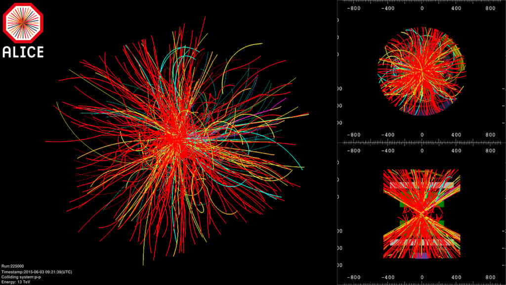 Les premières images de collisions à 13 TeV dans le détecteur Alice. Les traces courbes montrent les particules chargées dont la trajectoire est infléchie par le champ magnétique de l'expérience. © Cern