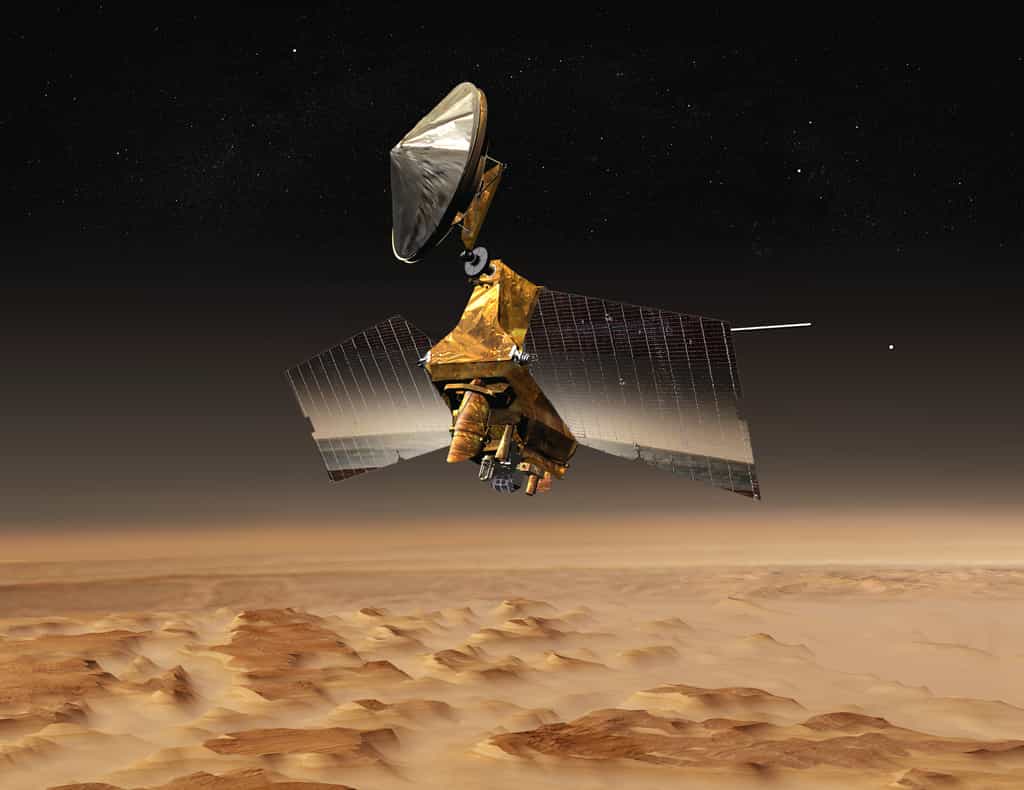 L'orbiteur MRO, en image d'artiste, au-dessus de la planète Mars. © Nasa