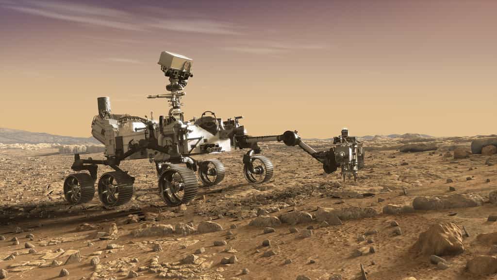 Vue d'artiste du rover Mars 2020. Afin de réduire les coûts et les risques technologiques, ce rover est construit autour de la même plateforme que Curiosity. Ce qui explique leur très forte ressemblance. © Nasa, JPL-Caltech