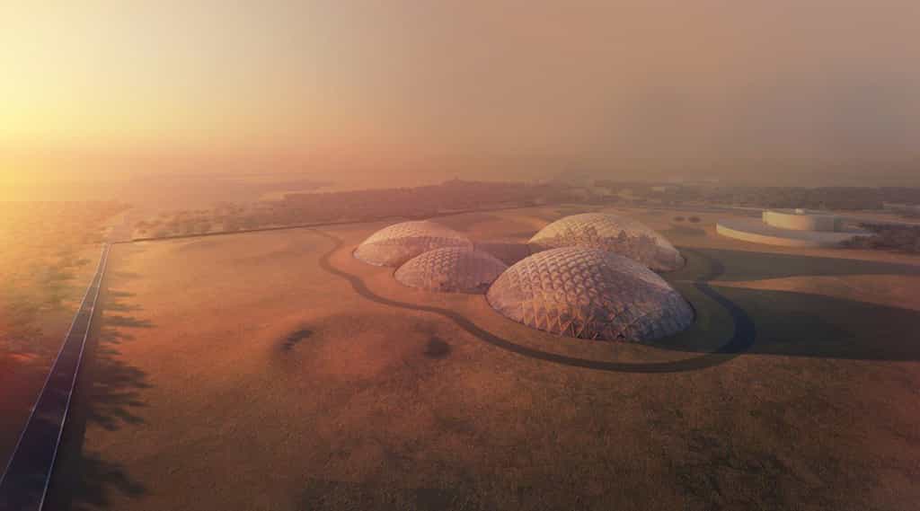 Vue d’artiste de Mars Science City, ville en projet aux Émirats arabes unis, installée dans le désert et présentée comme un laboratoire pour une colonie martienne. © The Mars Science City