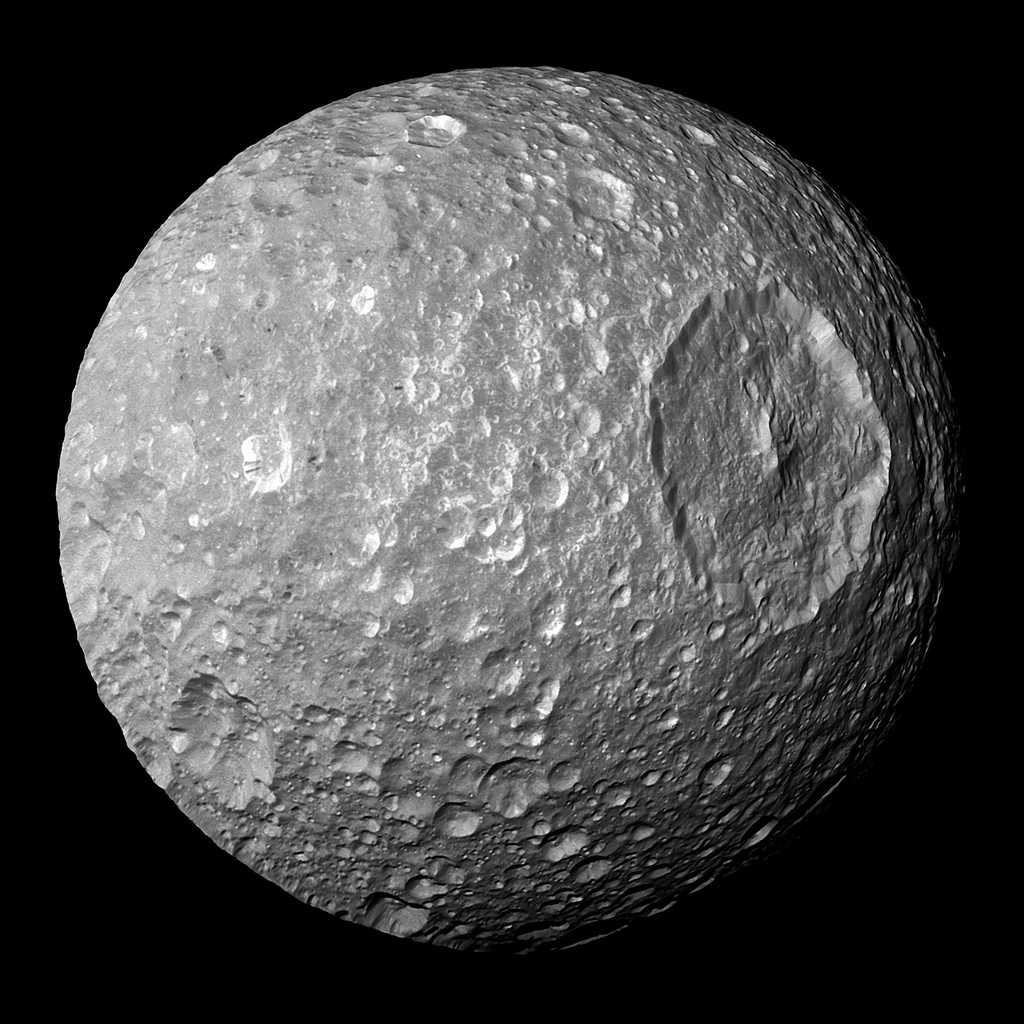 Mimas vue par la sonde Cassini le 13 février 2010. © Nsas/JPL-Caltech/Space Science Institute