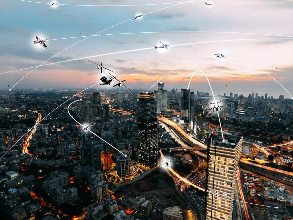 Le bel avenir de la mobilité urbaine aérienne où se côtoieront drones, véhicules volants et avions. © Nasa, Lillian Gipson