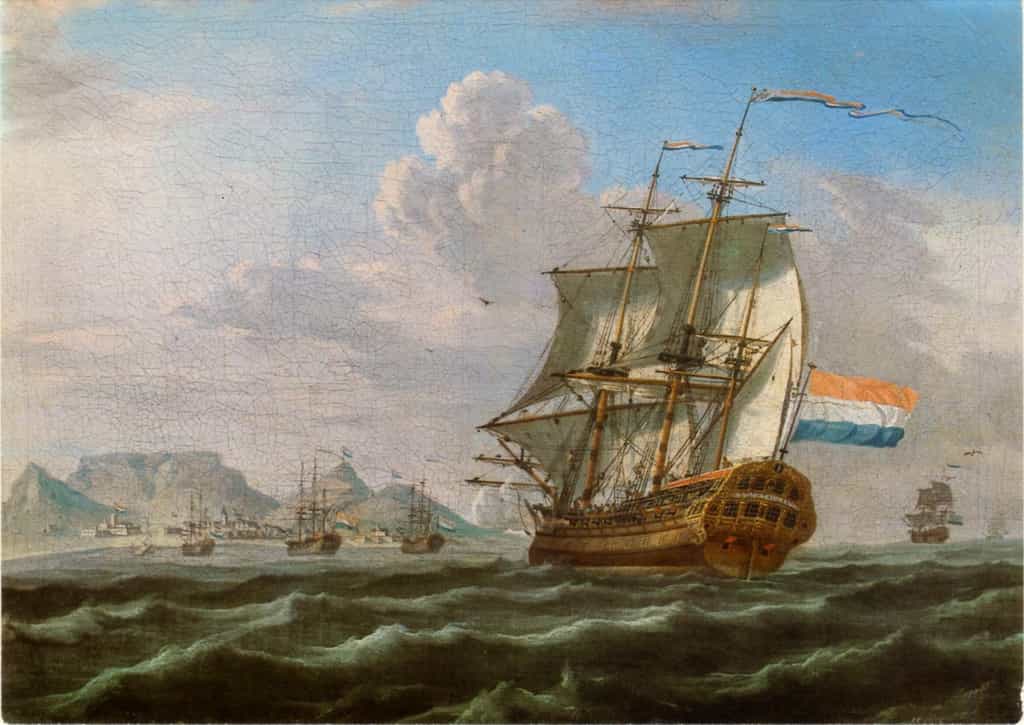 Navires de la Compagnie des Indes hollandaise, passage du Cap de Bonne Espérance, 1762 © Wikimedia commons, domaine public