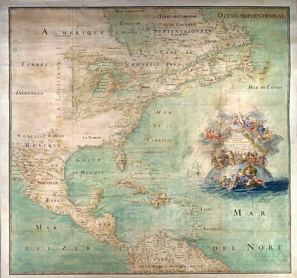 Carte de l'Amérique septentrionale avec la représentation du Canada ou Nouvelle-France, datée de 1681, dessinée par l'abbé Claude Bernou. © Bibliothèque nationale de France, domaine public.