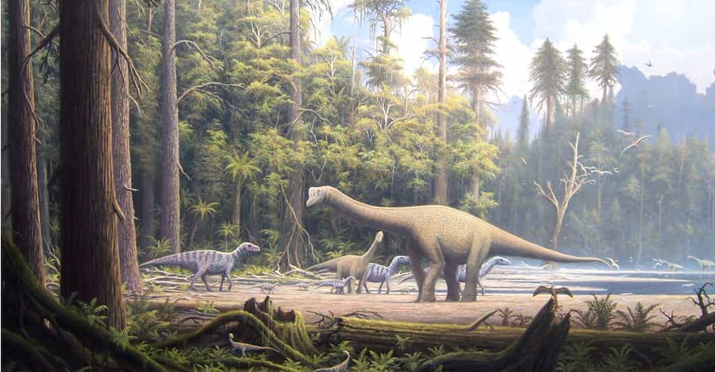 Un paysage du Jurassique. Les dinosaures théropodes étaient nombreux. Certains de leurs descendants deviendront des oiseaux. © Gerhard Boeggemann, licence Creative Commons (by-nc-sa 2.5)