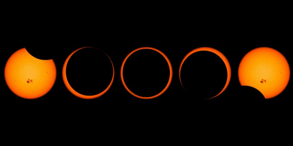 Les différentes phases d’une éclipse de Soleil, photographiées depuis la Terre. © Exploratorium 