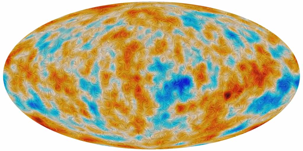 Le buzz du mois : le satellite Planck précise la date de l'allumage des premières étoiles. Sur cette image du ciel dans les longueurs d'onde du rayonnement fossile, les couleurs indiquent la température, laquelle témoigne de la répartition de la matière. Les textures visualisent les lignes de champ créées par l'orientation de la polarisation et dépendent des mouvements de matière. © Esa, collaboration Planck