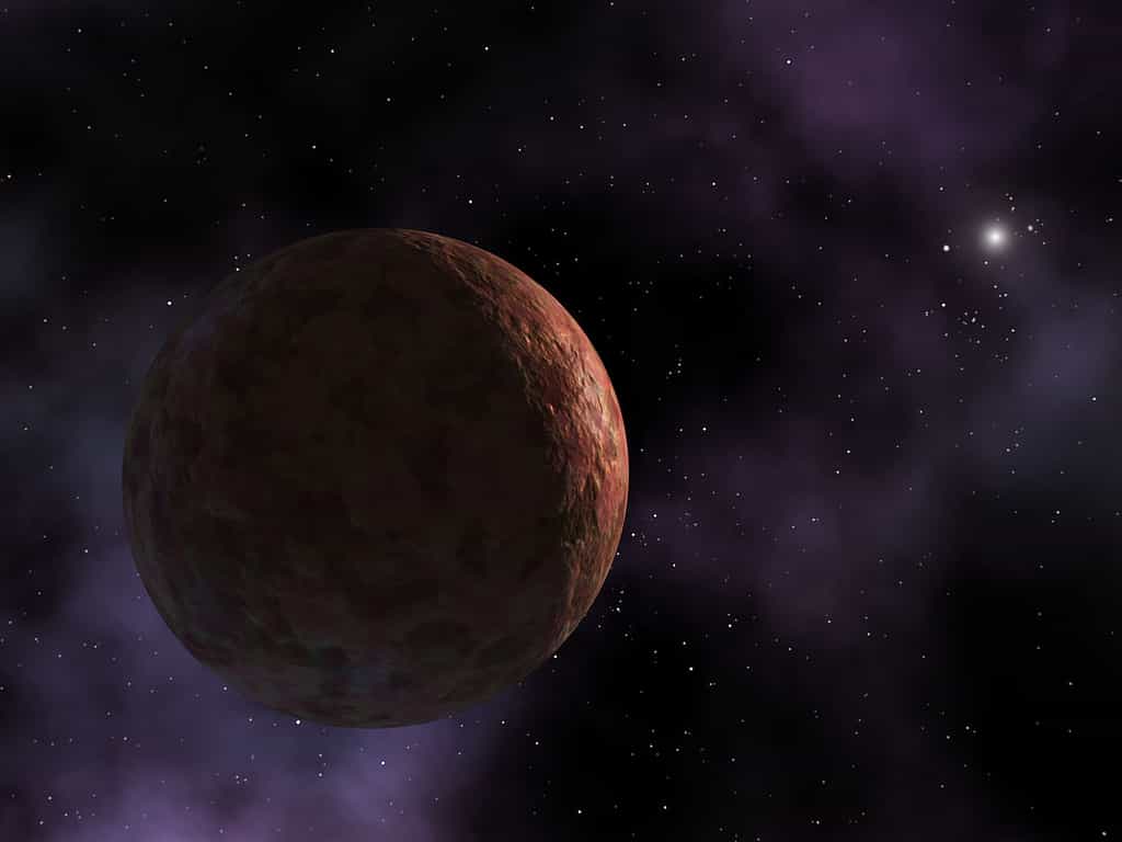 Sedna a été découvert par Michael E. Brown, Chadwick Trujillo et David L. Rabinowitz le 14 novembre 2003. Cet objet transneptunien est situé à plus de 86 unités astronomiques du Soleil actuellement (presque treize milliards de kilomètres). Sa surface est majoritairement composée d'un mélange de glaces d'eau, de méthane et d'azote avec du tholin, ce qui lui donne un couleur rouge comme le montre cette vue d’artiste. Son orbite particulière trahit peut-être l'existence de superterres au-delà de Pluton. © Nasa, R. Hurt